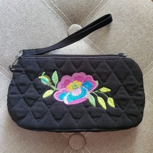 Vera Bradley Adele Black Embroidered Flower Wristlet Clutch